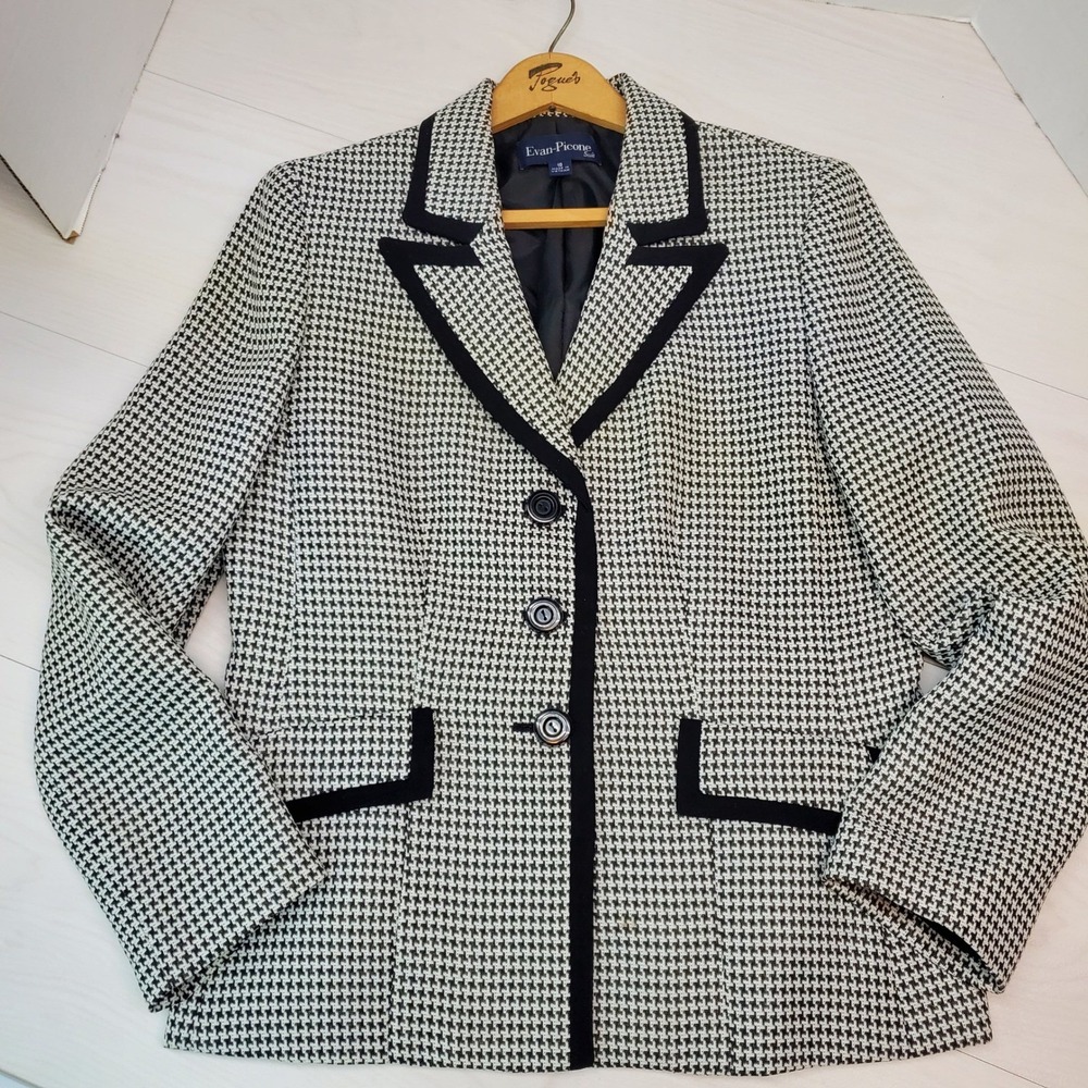 Evan-Picone Women Black White Houndstooth 3-Button Blazer Size 10 Old Money Chic